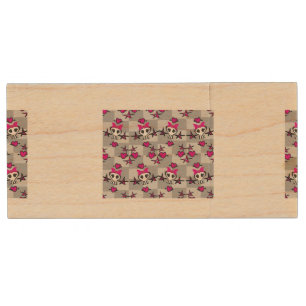 Emo Skulls Pattern Wood Flash Drive