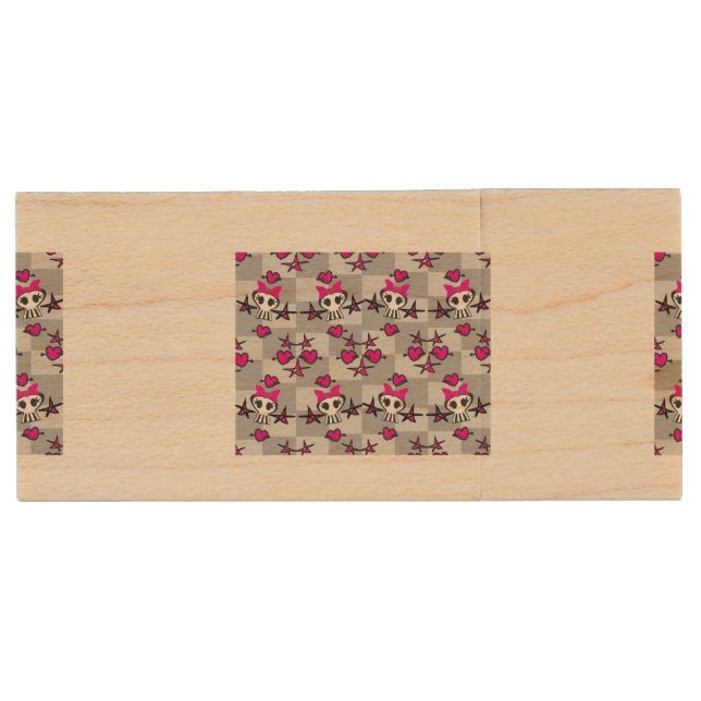 Emo Skulls Pattern Wood Flash Drive (Front)