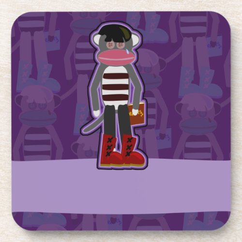 Emo Sock Monkey Purple Cartoon Art Design Beverage Coaster