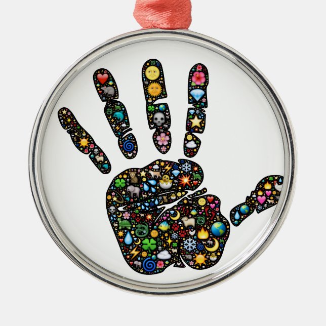 Emoji-art handprint with natural world icons metal ornament (Front)