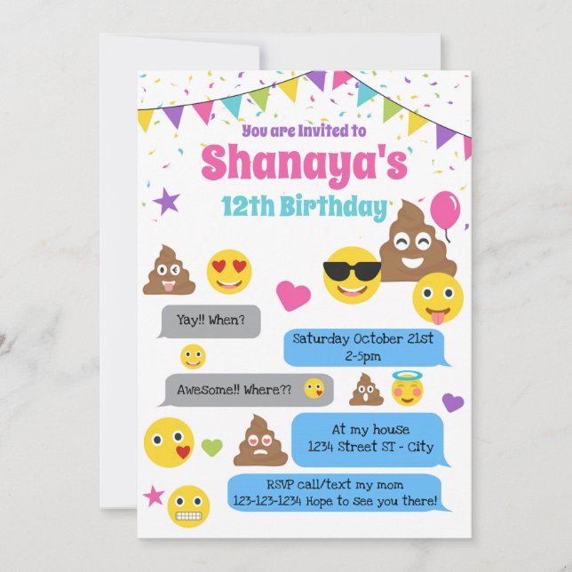 Emoji birthday invitation, Emoji Party Invite (Front)