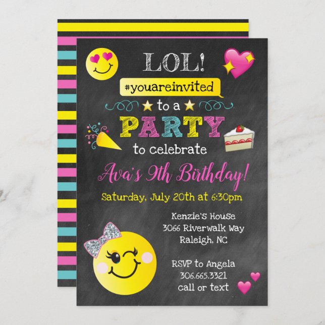 Emoji Birthday Party - Chalkboard Invitation (Front/Back)