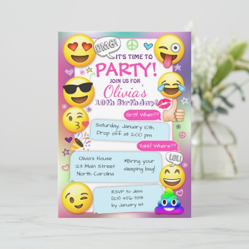 Emoji Birthday Party Invitations, Girl Emoji Party Invitation | Zazzle