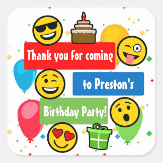 Emoji Birthday Party Kids or Boys Thank You Square Sticker