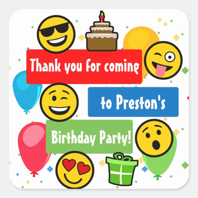Emoji Birthday Party Kids or Boys Thank You Square Sticker (Front)