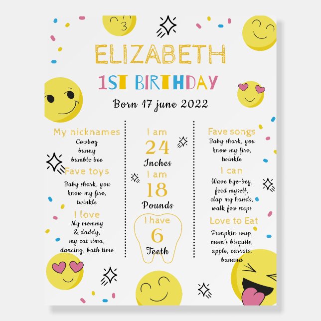 Emoji First Birthday Milestones Sign (Front)