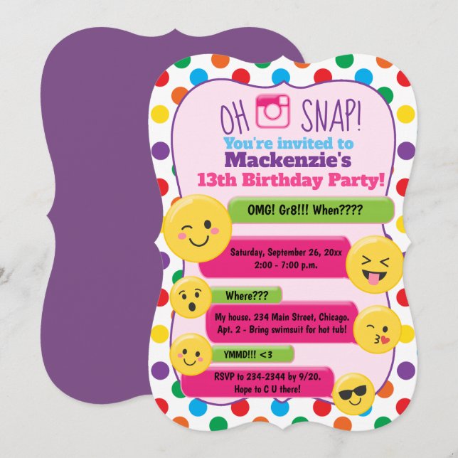 Emoji Girl's Teen Tween Birthday Invite Die Cut (Front/Back)