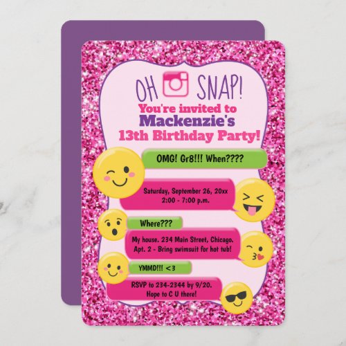 Emoji Girls Teen Tween Birthday Pink Glitter Invitation