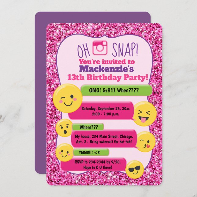 Emoji Girl's Teen Tween Birthday Pink Glitter Invitation (Front/Back)