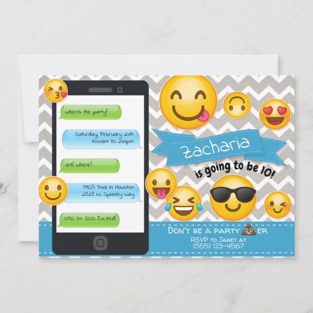 Emoji Party Birthday Invitations Blue Boys (Front)