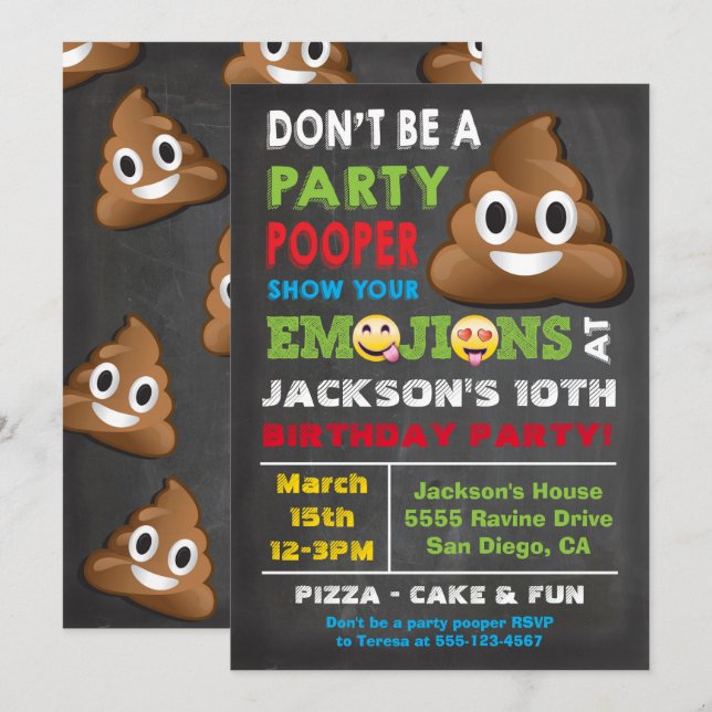 Emoji Party Pooper Birthay Invitation (Front/Back)