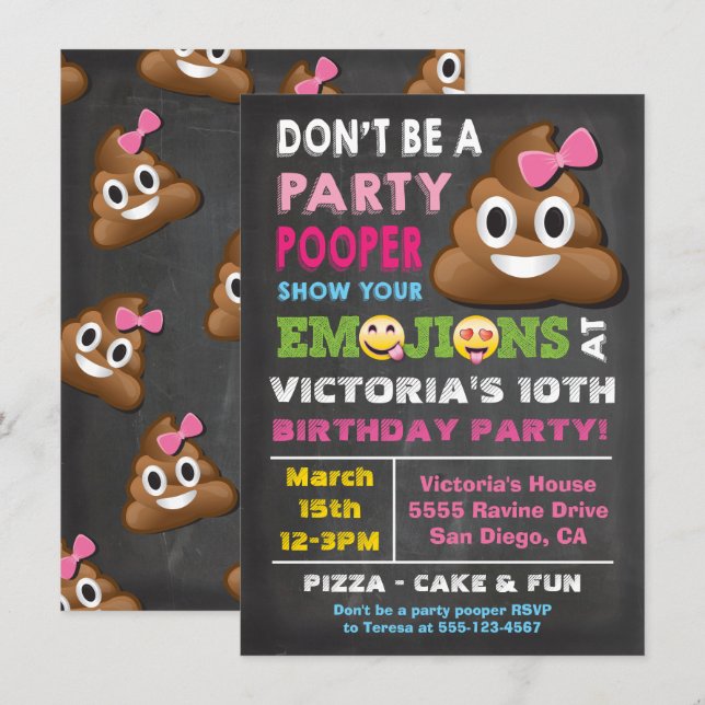 Emoji Party Pooper Girl Birthay Invitation (Front/Back)
