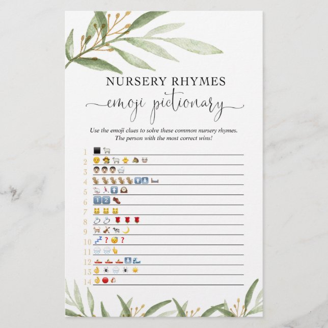 Emoji pictionary baby shower game gold greenery (Front)