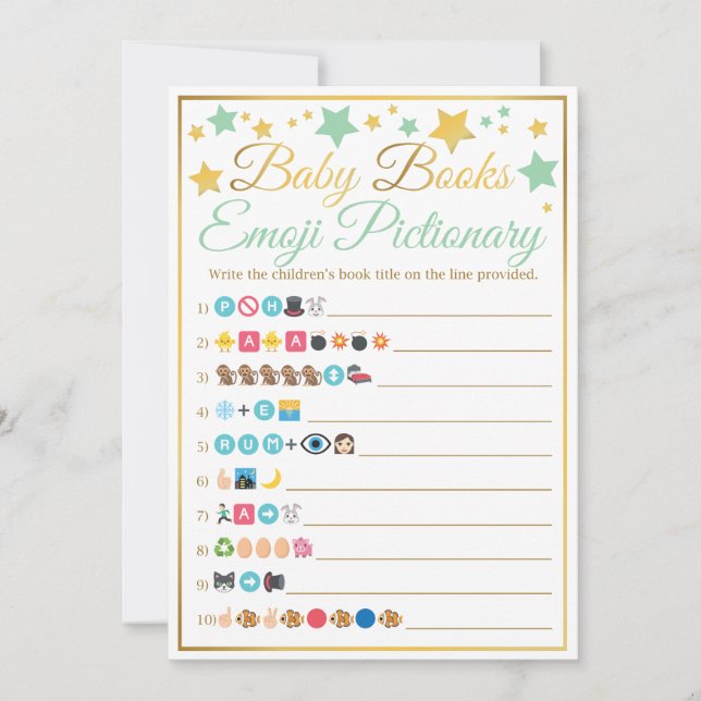 Emoji Pictionary Baby Shower Game Mint Gold Stars Invitation (Front)