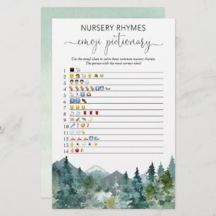 Emoji pictionary baby shower game rustic mountains