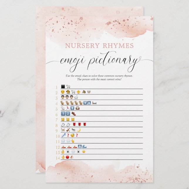 Emoji pictionary baby shower game watercolor rose (Front/Back)
