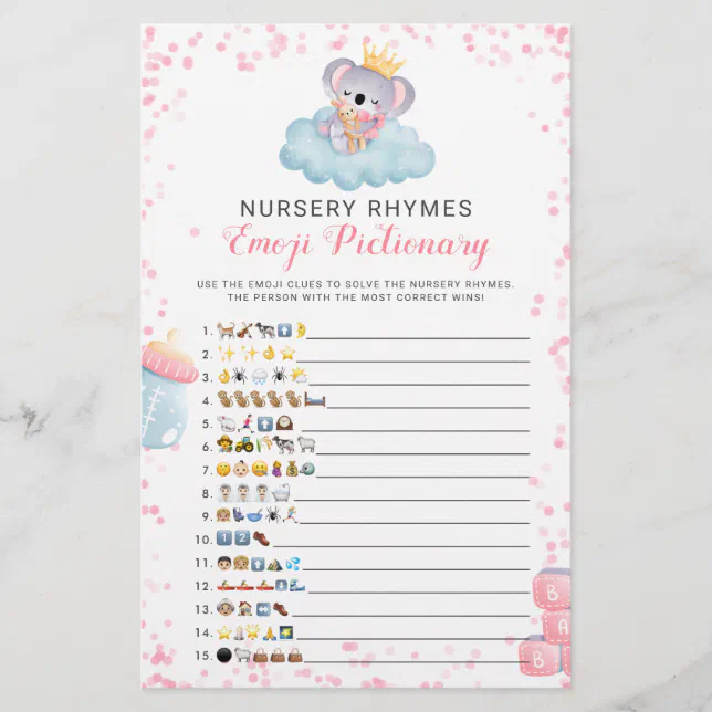 Emoji Pictionary Girl Koala Bear Baby Shower Game | Zazzle