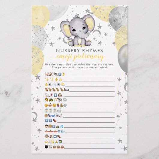 Emoji Pictionary Yellow Elephant Baby Shower Game (Front)