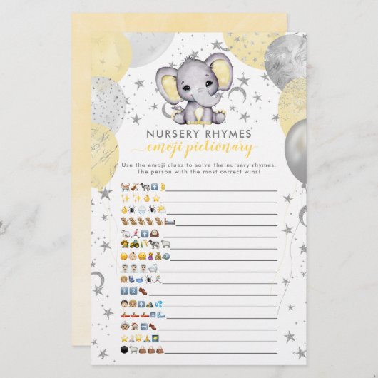 Emoji Pictionary Yellow Elephant Baby Shower Game (Front/Back)