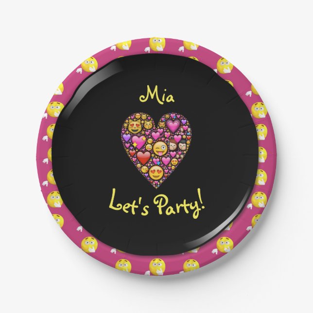 EMOJI Pink Black Girls Love Emoticons Party Paper Plates (Front)