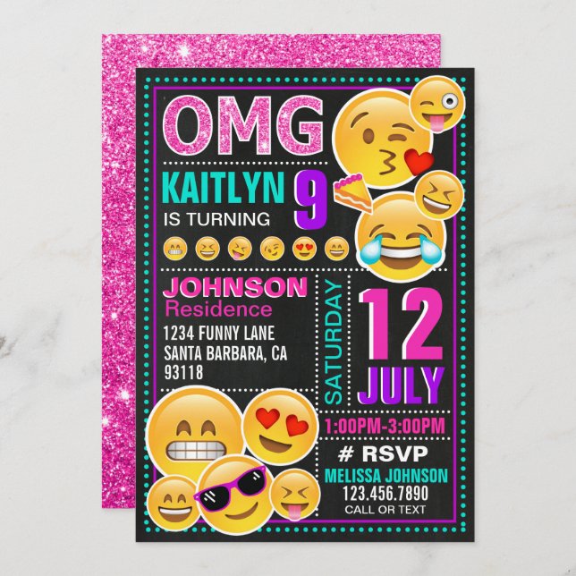 Emoji Pink Glitter Birthday Invitation (Front/Back)