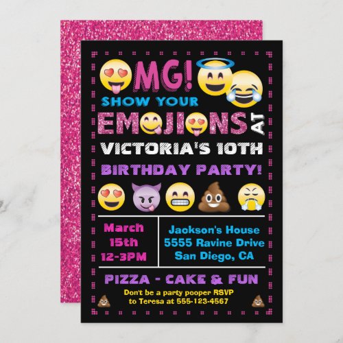 Emoji Pink Glitter Birthday Party Invitation