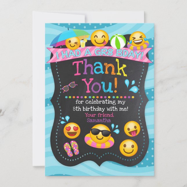 Emoji Pool Party Birthday Thank You Card (Front)
