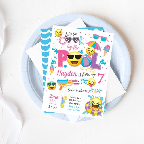 Emoji Pool Party Invitation Summer Birthday Invitation