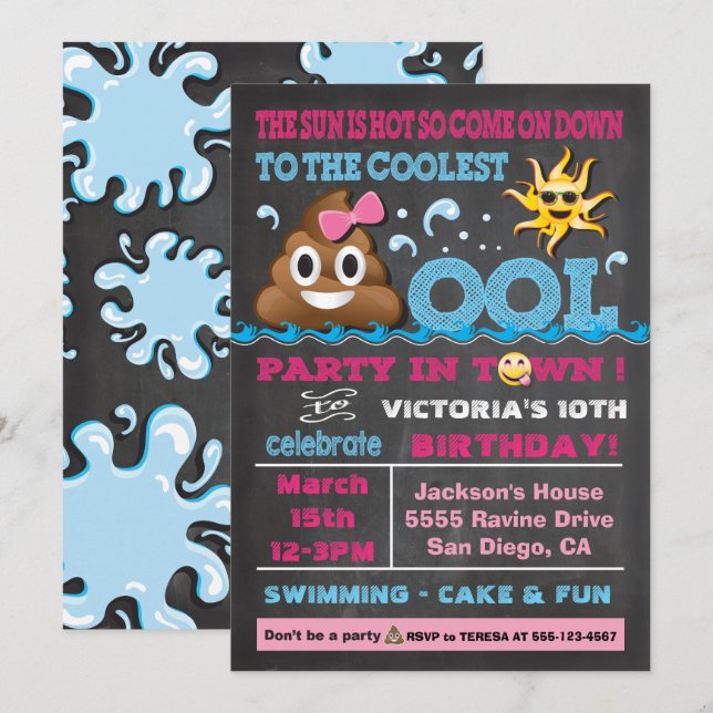 Emoji Pool Party Pooper Birthday Invitation (Front/Back)