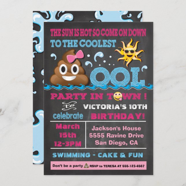 Emoji Pool Party Pooper Birthday Invitation (Front/Back)