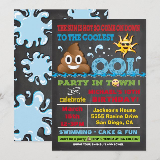 Emoji Pool Party Pooper Birthday Invitation (Front/Back)