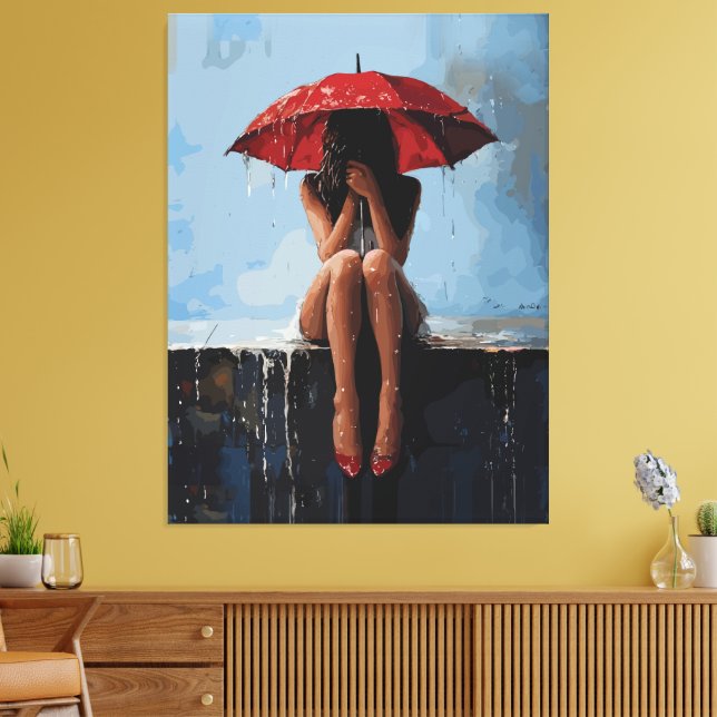 Emotional Female Portrait with Red Umbrella Canvas Print (Insitu(LivingRoom))