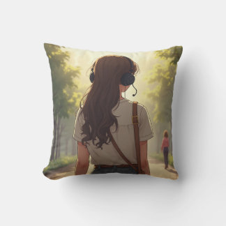 Emotional girl listening to music throw pillow