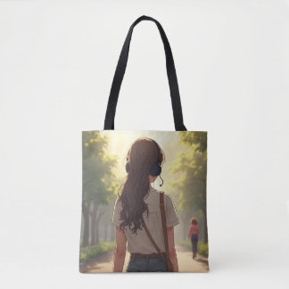 Emotional girl listening to music tote bags