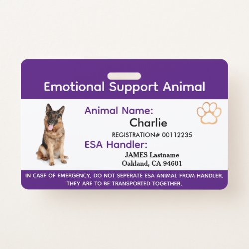 Emotional Support Animal ESA ID One Photo Badge