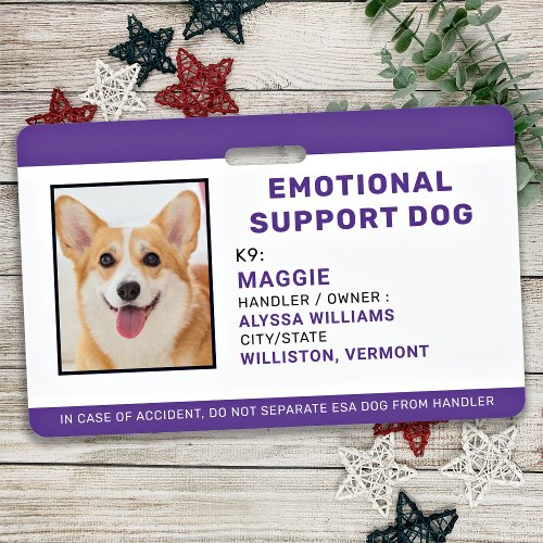 Emotional Support Dog Custom Photo Pet ID  Badge
