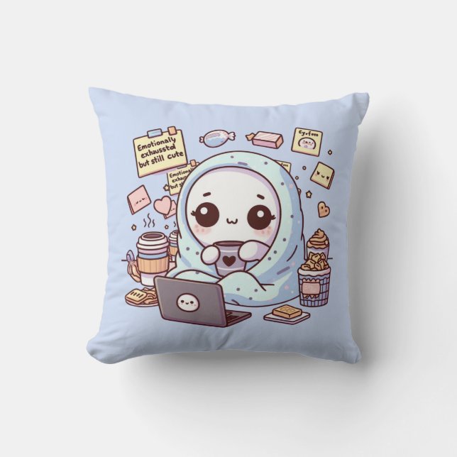 Emotionally Exhausted but Still Cute Ghost Kawaii Throw Pillow (Front)