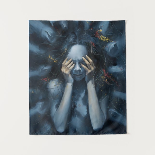 Emotive Abstract Portrait – Surreal Blue Art Tapestry (Front)