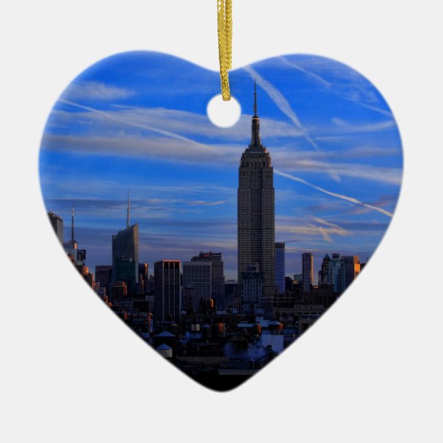 Emp St Bldg, NYC Skyline and Jet Trails Ceramic Ornament (Front)