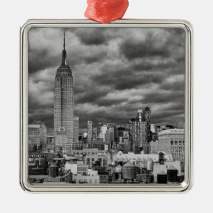 Emp St Bldg, Stormy NYC skyline, B&W Metal Ornament