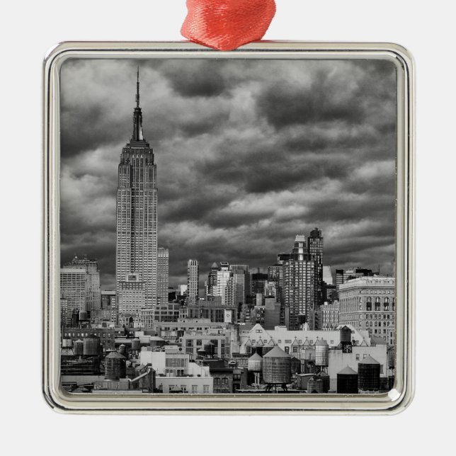 Emp St Bldg, Stormy NYC skyline, B&W Metal Ornament (Front)