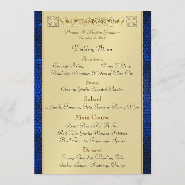 Emperor Blue Scroll Stained Glass Wedding Menu (Front)