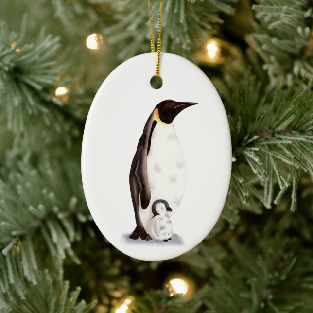 Emperor Penguin and Baby Illustrated Christmas Ceramic Ornament (Tree)