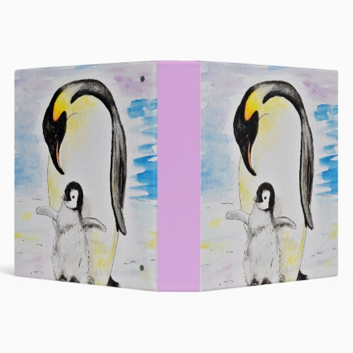 Emperor Penguin and Chick Watercolor Painting 3 Ring Binder