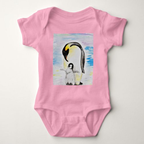 Emperor Penguin and Chick Watercolor Painting Baby Bodysuit