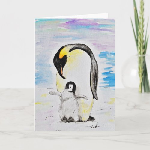 Emperor Penguin and Chick Watercolor Painting Card