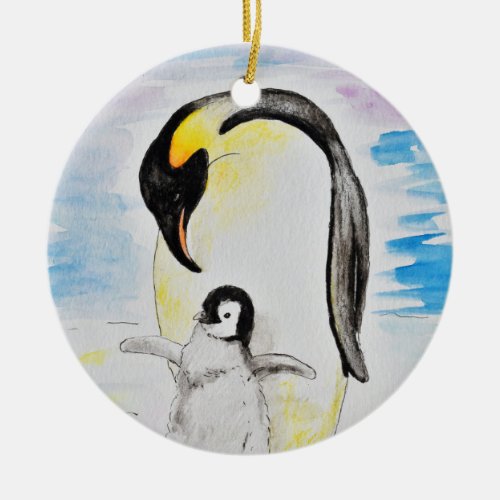 Emperor Penguin and Chick Watercolor Painting Ceramic Ornament