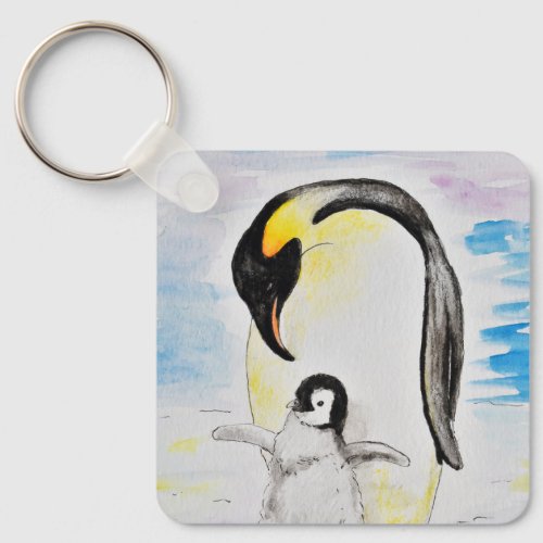 Emperor Penguin and Chick Watercolor Painting Keyc Keychain