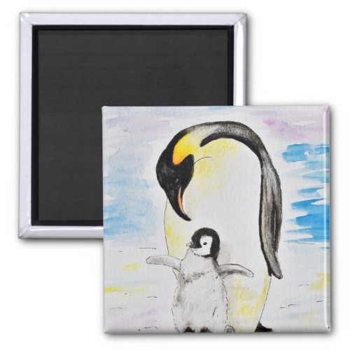 Emperor Penguin and Chick Watercolor Painting Magnet
