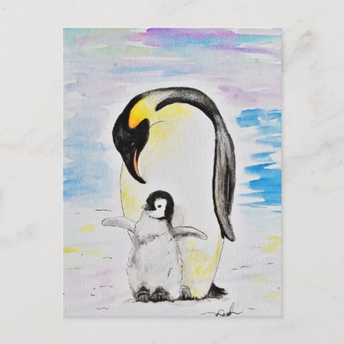 Emperor Penguin and Chick Watercolor Painting Postcard